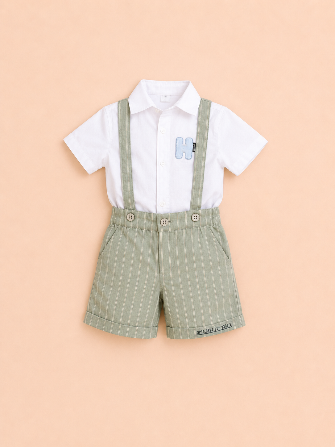 Boys White Shirt & Sage Green Suspender Shorts Set – Premium Summer Party Outfit BloomUp