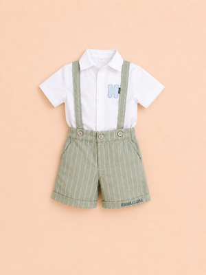 Boys White Shirt & Sage Green Suspender Shorts Set – Premium Summer Party Outfit BloomUp
