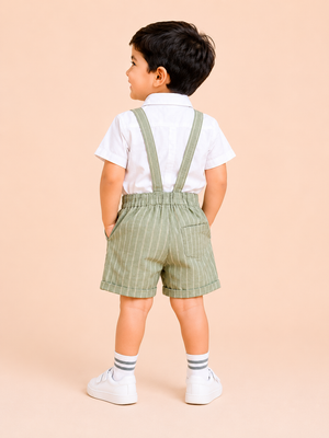 Boys White Shirt & Sage Green Suspender Shorts Set – Premium Summer Party Outfit BloomUp