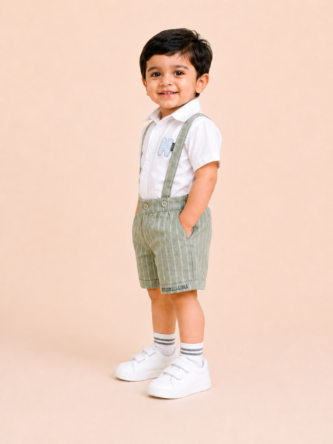Boys White Shirt & Sage Green Suspender Shorts Set – Premium Summer Party Outfit BloomUp