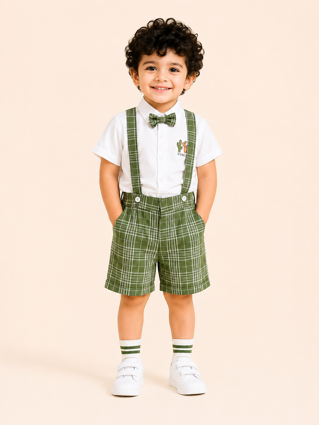 White Shirt with Green Plaid Shorts, Bow Tie & Suspenders Set for Toddlers – Party & Occasion Wear BloomUp