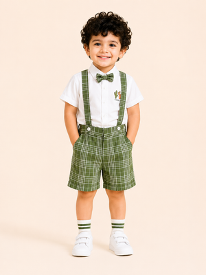 White Shirt with Green Plaid Shorts, Bow Tie & Suspenders Set for Toddlers – Party & Occasion Wear BloomUp