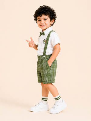 White Shirt with Green Plaid Shorts, Bow Tie & Suspenders Set for Toddlers – Party & Occasion Wear BloomUp