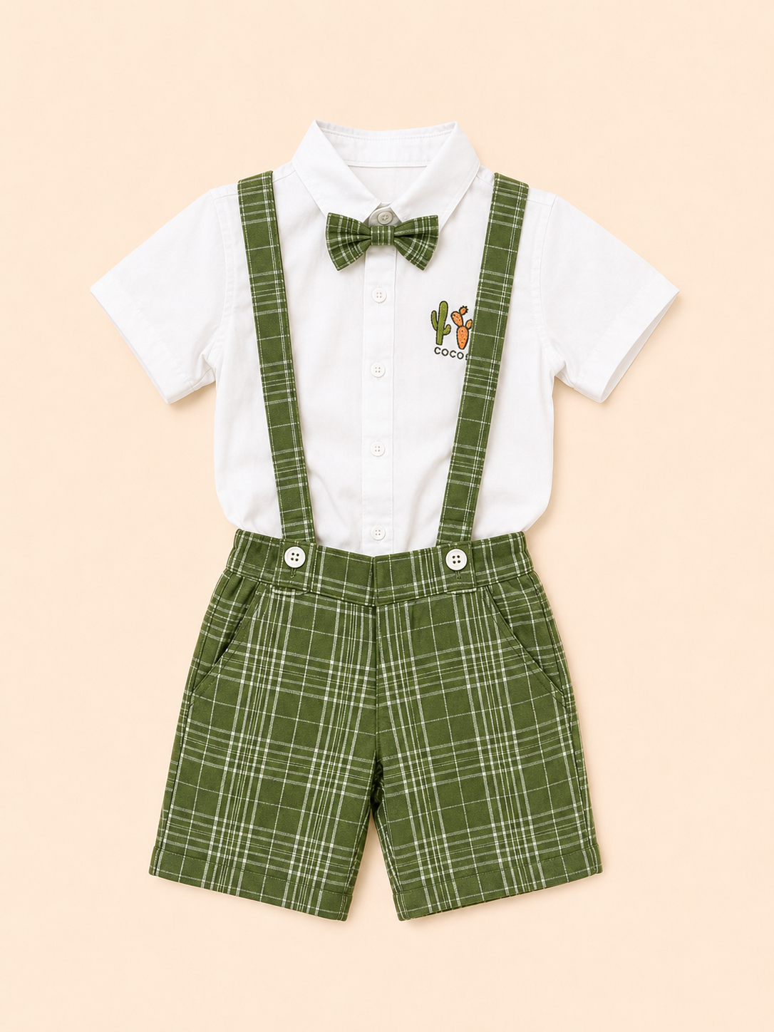 White Shirt with Green Plaid Shorts, Bow Tie & Suspenders Set for Toddlers – Party & Occasion Wear BloomUp