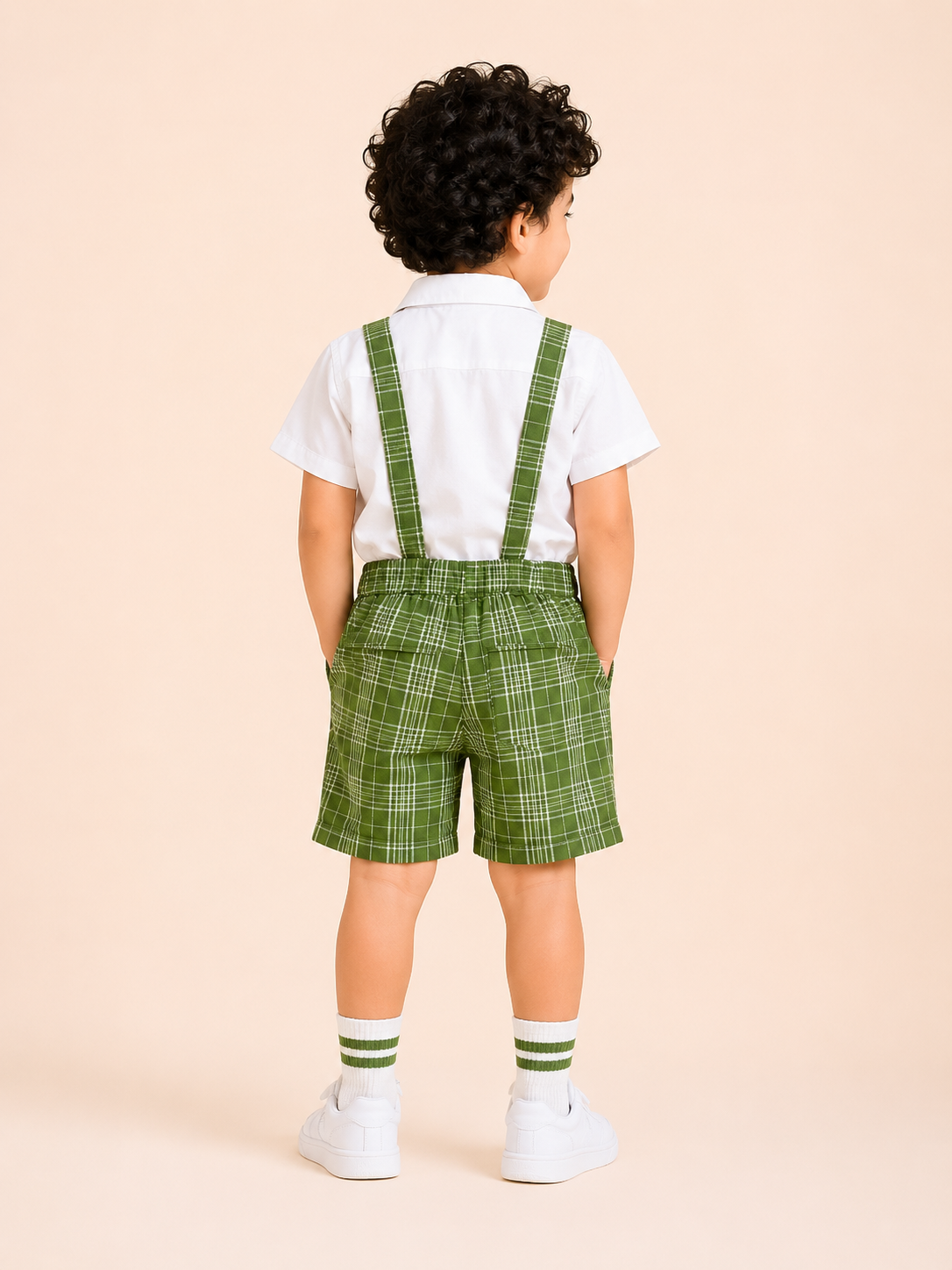 White Shirt with Green Plaid Shorts, Bow Tie & Suspenders Set for Toddlers – Party & Occasion Wear BloomUp