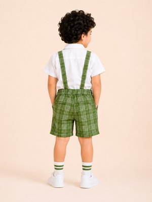White Shirt with Green Plaid Shorts, Bow Tie & Suspenders Set for Toddlers – Party & Occasion Wear BloomUp