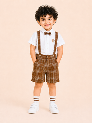 White Shirt with Brown Plaid Shorts, Bow Tie & Suspenders Set for Toddlers – Party & Occasion Wear BloomUp