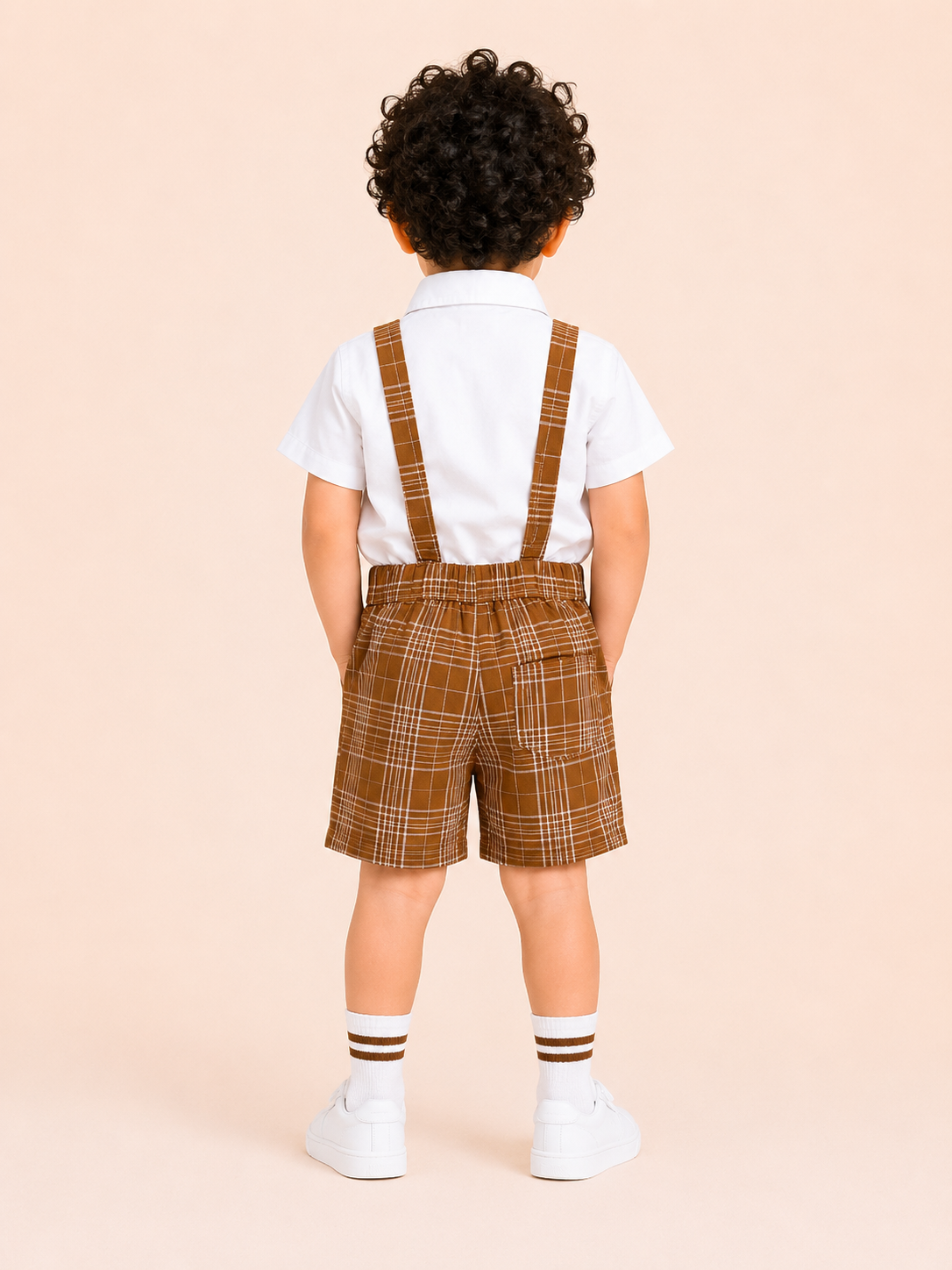 White Shirt with Brown Plaid Shorts, Bow Tie & Suspenders Set for Toddlers – Party & Occasion Wear BloomUp
