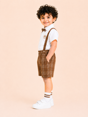 White Shirt with Brown Plaid Shorts, Bow Tie & Suspenders Set for Toddlers – Party & Occasion Wear BloomUp