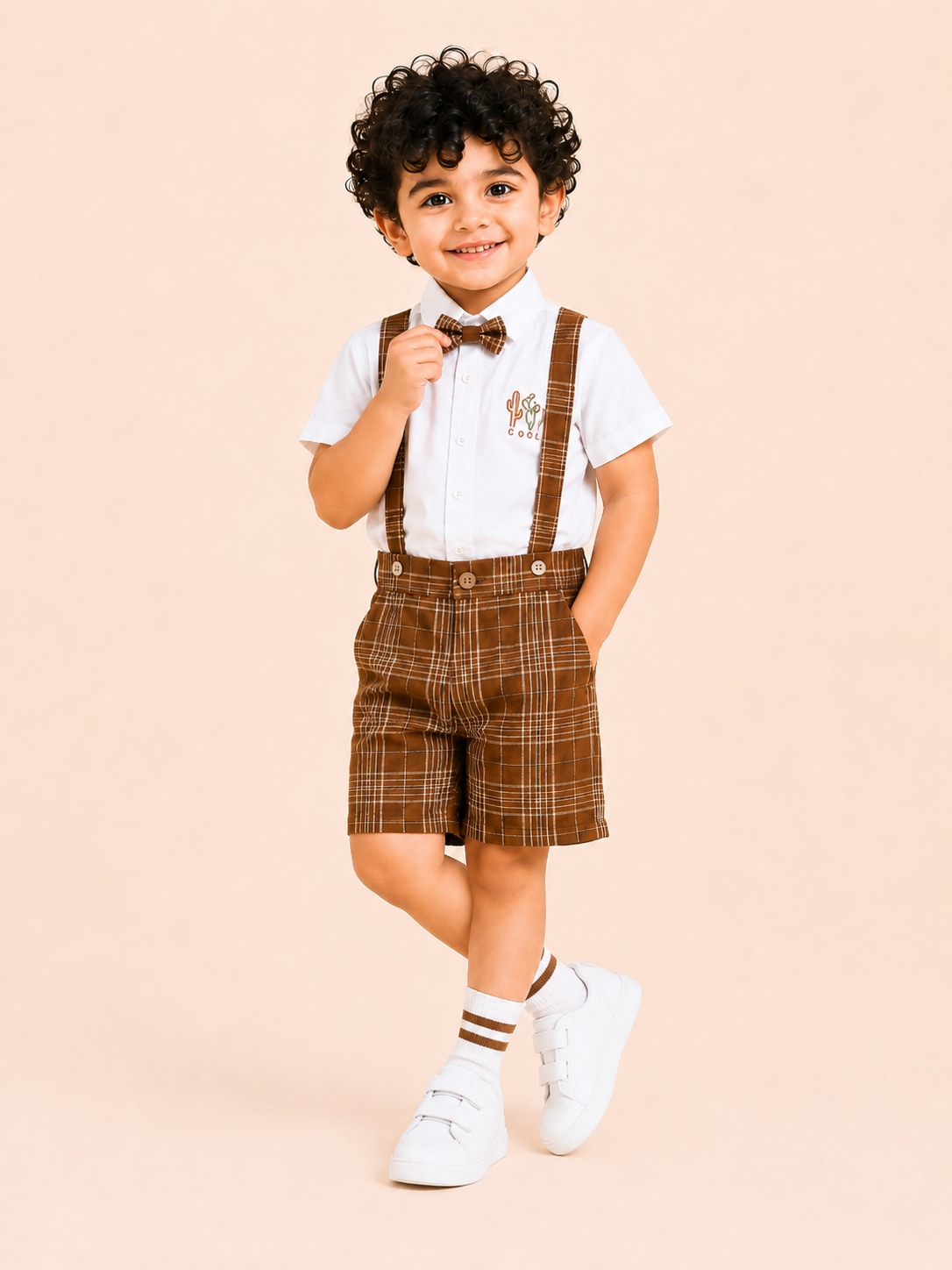 White Shirt with Brown Plaid Shorts, Bow Tie & Suspenders Set for Toddlers – Party & Occasion Wear BloomUp