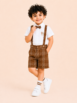 White Shirt with Brown Plaid Shorts, Bow Tie & Suspenders Set for Toddlers – Party & Occasion Wear BloomUp
