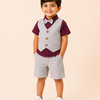 Grey & Maroon 4-Piece Party Wear Set for Boys – Waistcoat, Shirt, Bow Tie & Shorts Outfit