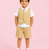 Mustard Yellow 4-Piece Party Wear Set for Boys – Waistcoat, Shirt, Tie & Shorts Outfit