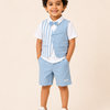 Sky Blue Striped 4-Piece Party Wear Set for Boys – Waistcoat, Shirt, Bow Tie & Shorts Outfit