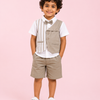 Beige Striped 4-Piece Party Wear Set for Boys – Waistcoat, Shirt, Bow Tie & Shorts Outfit