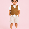 Camel Brown & Beige 4-Piece Party Wear Set for Boys – Waistcoat, Shirt, Bow Tie & Shorts Outfit