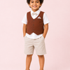 Maroon & Beige 4-Piece Party Wear Set for Boys – Waistcoat, Shirt, Bow Tie & Shorts Outfit