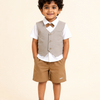 Beige & Khaki 4-Piece Party Wear Set for Boys – Waistcoat, Shirt, Bow Tie & Shorts Outfit
