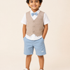 Beige & Sky Blue 4-Piece Party Wear Set for Boys – Waistcoat, Shirt, Bow Tie & Shorts Outfit