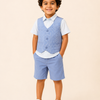 Sky Blue 3-Piece Party Wear Set for Boys – Waistcoat, Shirt & Shorts Outfit