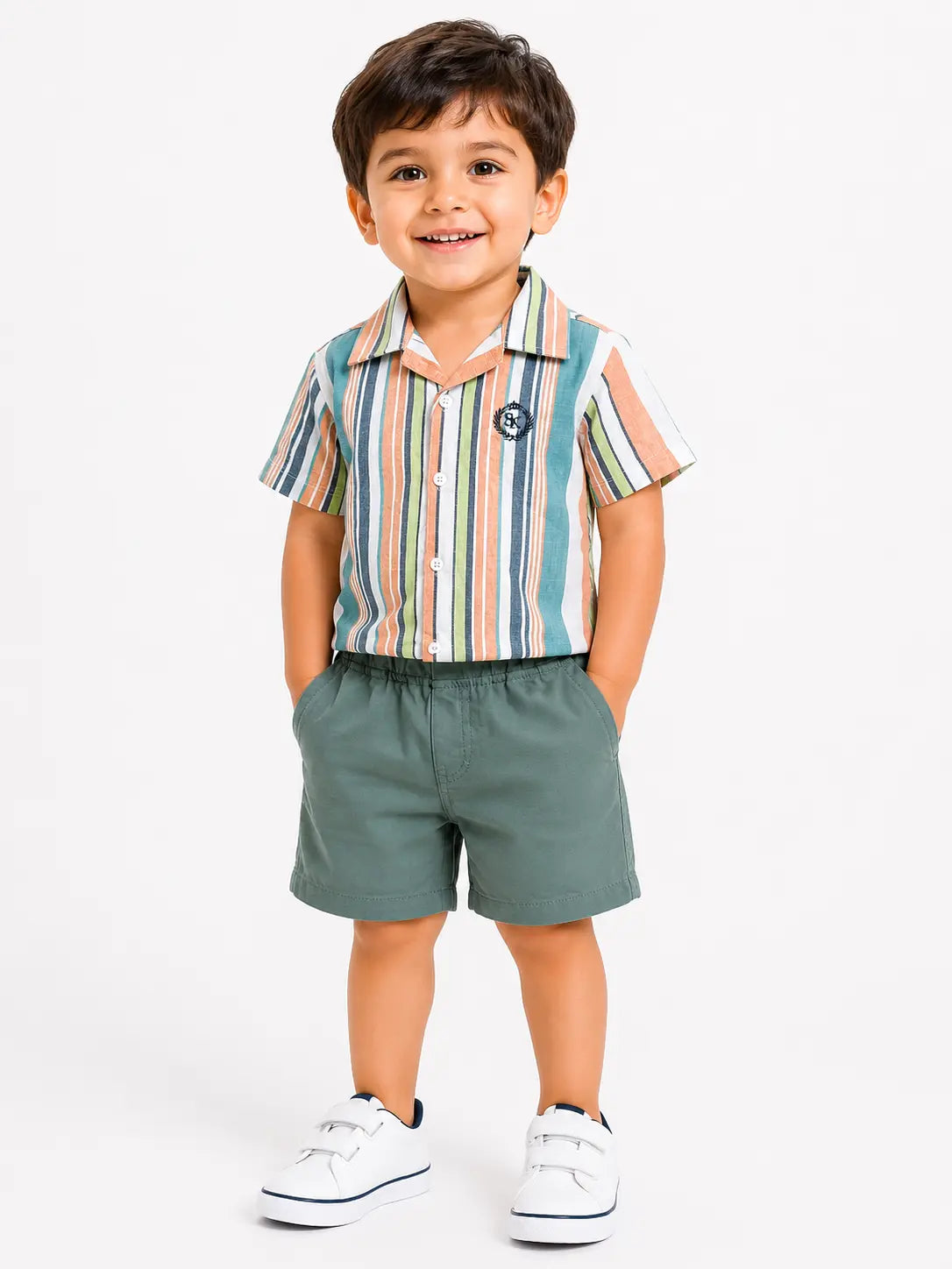 BloomUp Multi-Stripe Shirt & Sage Green Shorts Co-ord Set for Boys – Smart Casual Summer Outfit