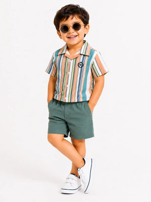 BloomUp Multi-Stripe Shirt & Sage Green Shorts Co-ord Set for Boys – Smart Casual Summer Outfit