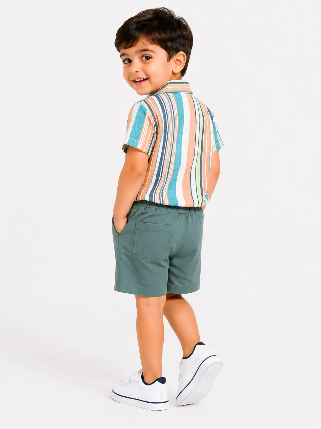 BloomUp Multi-Stripe Shirt & Sage Green Shorts Co-ord Set for Boys – Smart Casual Summer Outfit