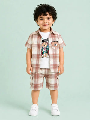 BloomUp Beige Checked 3-Piece Shirt, Graphic T-Shirt & Cargo Shorts Co-ord Set for Boys – Soft Cotton Casual Summer Outfit