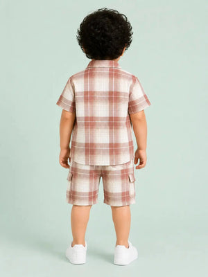 BloomUp Beige Checked 3-Piece Shirt, Graphic T-Shirt & Cargo Shorts Co-ord Set for Boys – Soft Cotton Casual Summer Outfit