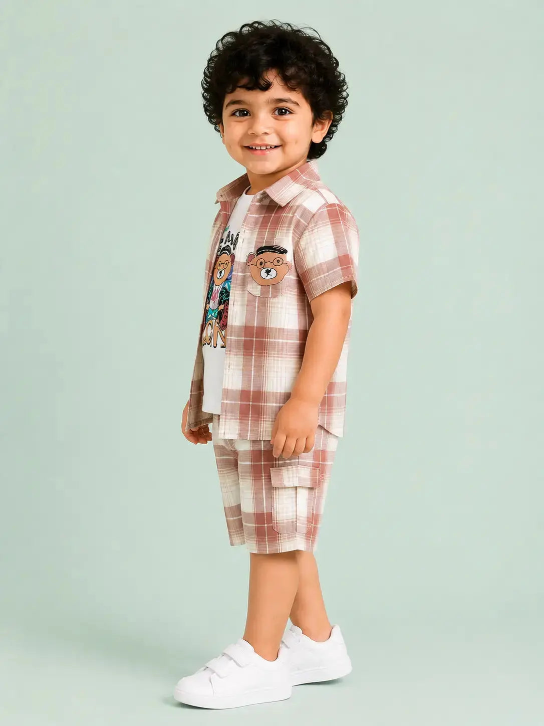 BloomUp Beige Checked 3-Piece Shirt, Graphic T-Shirt & Cargo Shorts Co-ord Set for Boys – Soft Cotton Casual Summer Outfit