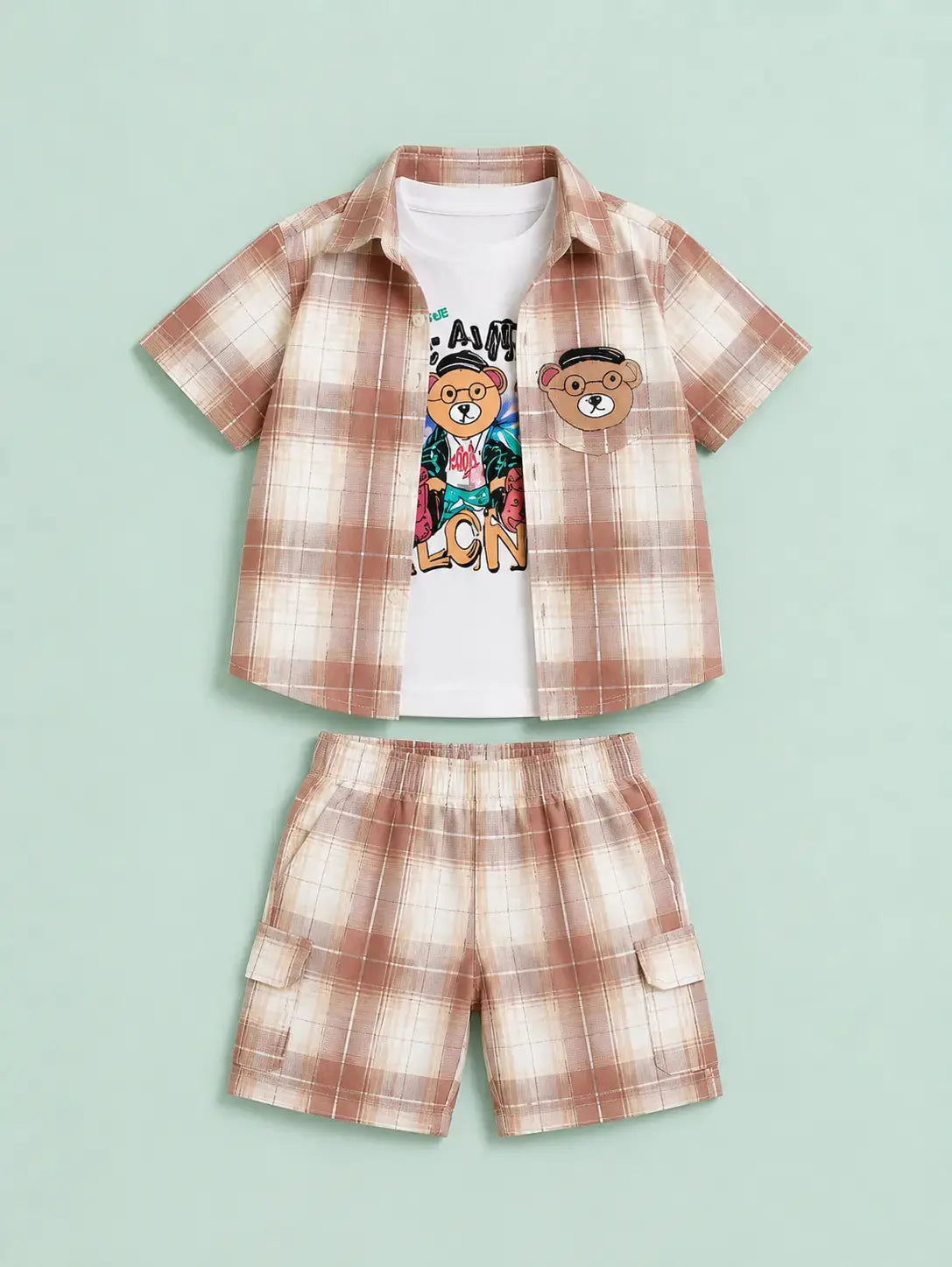 BloomUp Beige Checked 3-Piece Shirt, Graphic T-Shirt & Cargo Shorts Co-ord Set for Boys – Soft Cotton Casual Summer Outfit