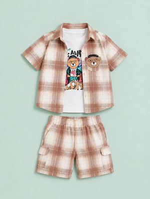 BloomUp Beige Checked 3-Piece Shirt, Graphic T-Shirt & Cargo Shorts Co-ord Set for Boys – Soft Cotton Casual Summer Outfit