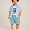 Blue Striped Shirt, Graphic T-Shirt & Sky Blue Shorts 3-Piece Co-ord Set for Boys – Soft Cotton Summer Outfit