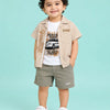 Beige Striped Shirt, Graphic T-Shirt & Olive Shorts 3-Piece Co-ord Set for Boys – Soft Cotton Summer Outfit