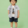 Grey Striped Shirt, Graphic T-Shirt & Navy Shorts 3-Piece Co-ord Set for Boys – Soft Cotton Summer Outfit