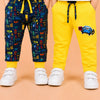 Boys Cotton Jogger Pants Combo Pack – Yellow Graphic Joggers & Blue Vehicle Print Joggers