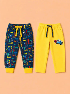 BloomUp Boys Cotton Jogger Pants Combo Pack – Yellow Graphic Joggers & Blue Vehicle Print Joggers