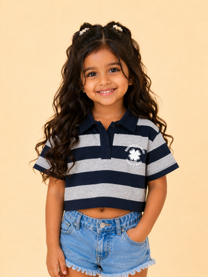 Girls Navy And White Striped Soft Cotton Clothing Set BloomUp