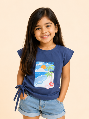 Girls Navy Short Sleeved Shirt Soft Cotton Clothing Set BloomUp
