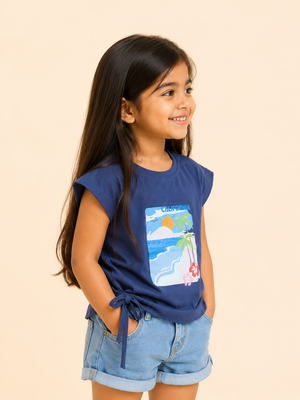 Girls Navy Short Sleeved Shirt Soft Cotton Clothing Set BloomUp