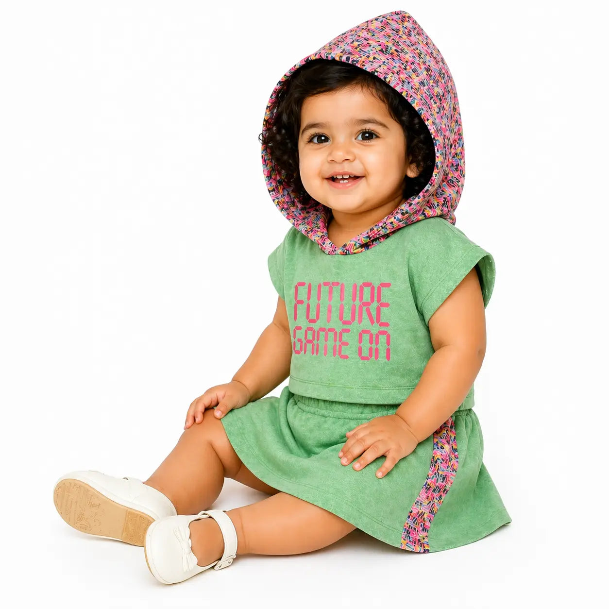 Green Graphic Hoodie & Shorts Co-ord Set for Girls – Soft Cotton Summer Kids Outfit BloomUp
