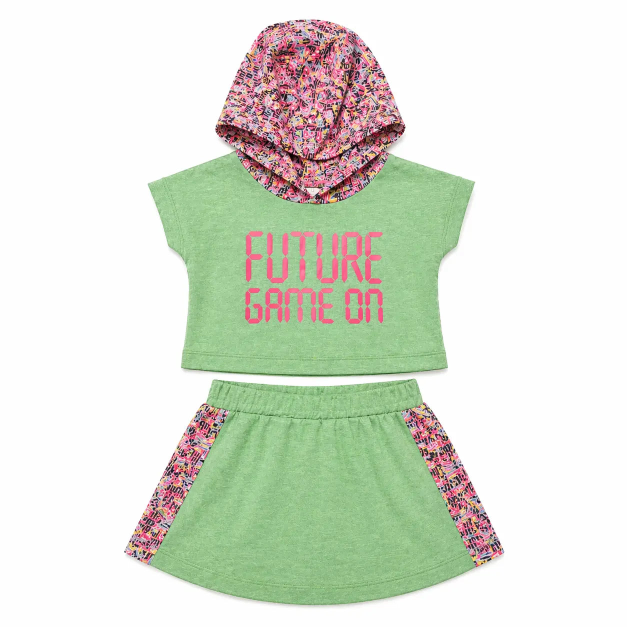 Green Graphic Hoodie & Shorts Co-ord Set for Girls – Soft Cotton Summer Kids Outfit BloomUp