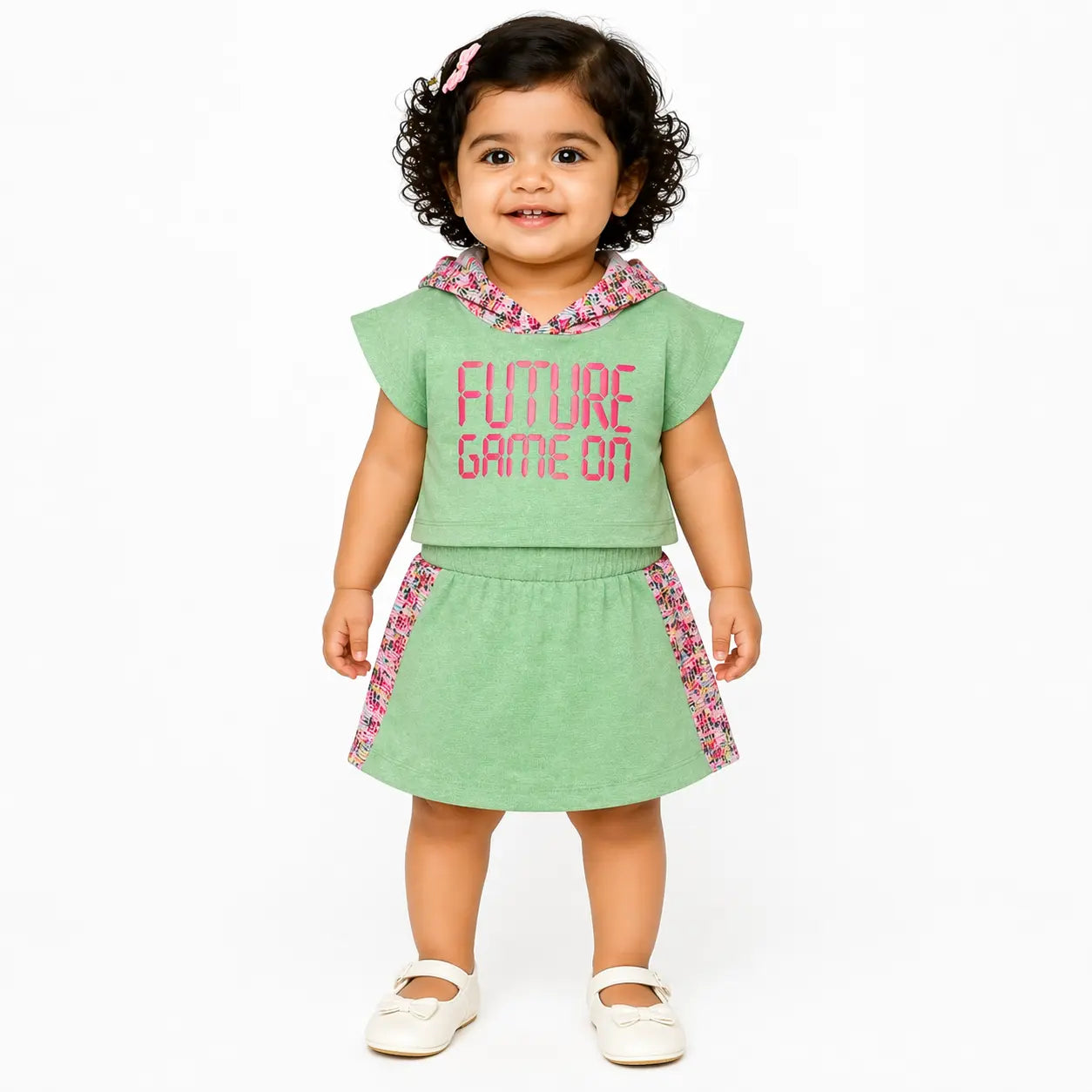 Green Graphic Hoodie & Shorts Co-ord Set for Girls – Soft Cotton Summer Kids Outfit BloomUp