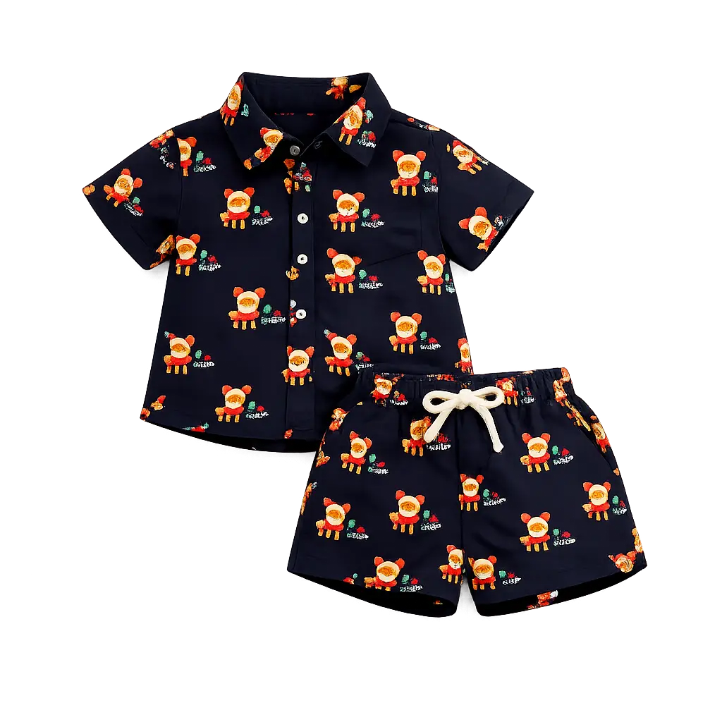 Navy Cartoon Printed Shirt & Shorts Co-ord Set for Kids – Soft Cotton Summer Wear Girls BloomUp