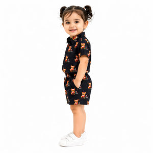 Navy Cartoon Printed Shirt & Shorts Co-ord Set for Kids – Soft Cotton Summer Wear Girls BloomUp