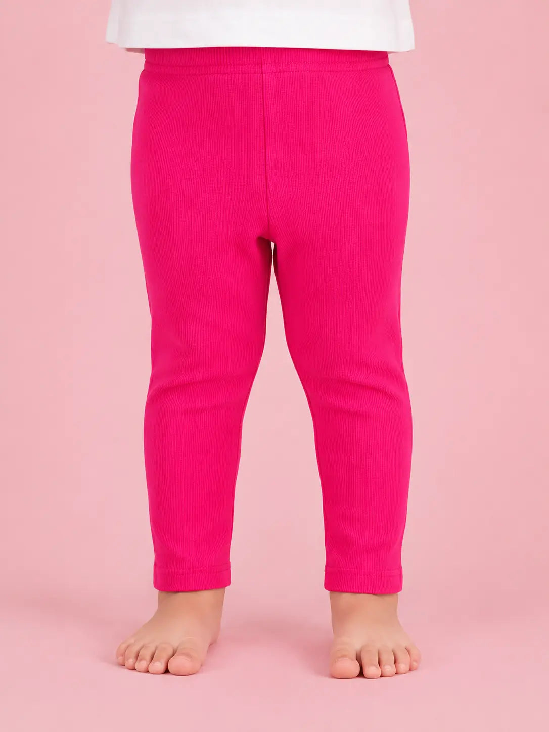 BloomUp Bright Pink Ribbed Knit Leggings for Kids – Soft Stretchable Cotton Casual Wear Bottom
