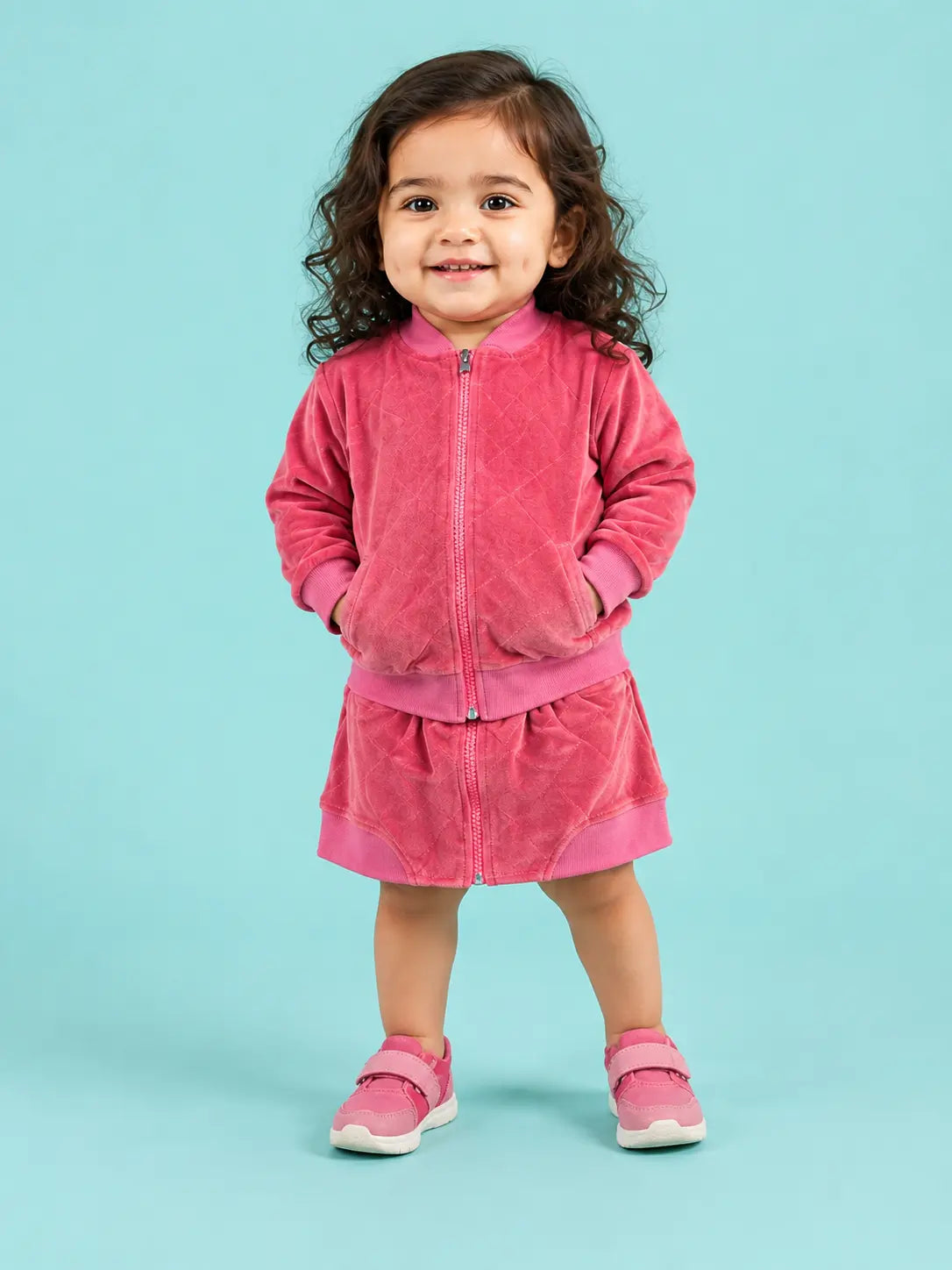 BloomUp Pink Velvet Zip-Up Jacket & Skirt-Style Shorts Co-ord Set for Kids – Premium Soft Winter Wear Outfit