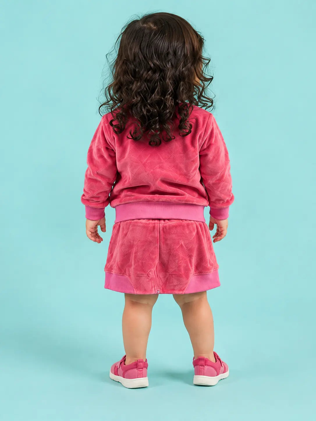 BloomUp Pink Velvet Zip-Up Jacket & Skirt-Style Shorts Co-ord Set for Kids – Premium Soft Winter Wear Outfit