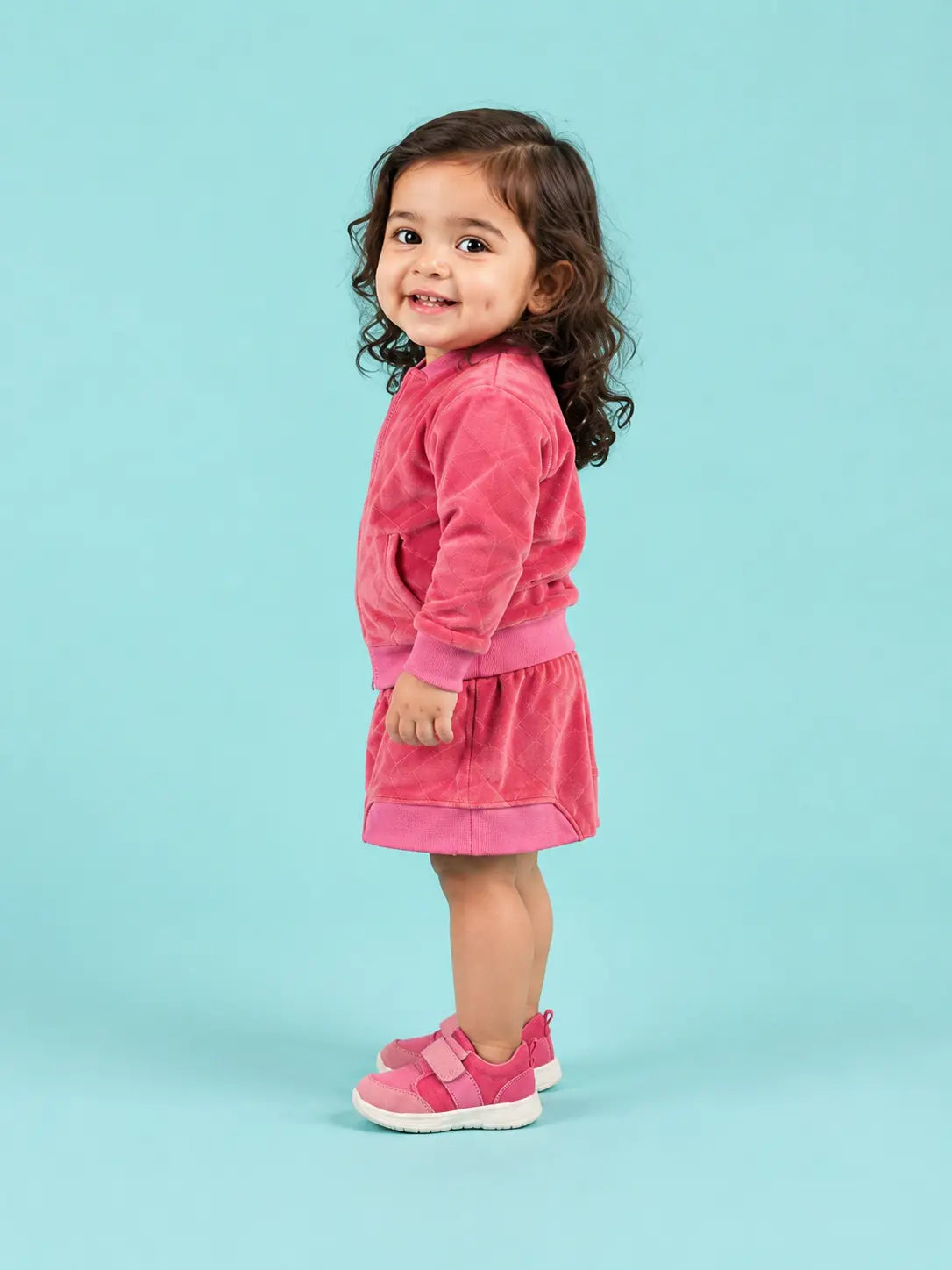 BloomUp Pink Velvet Zip-Up Jacket & Skirt-Style Shorts Co-ord Set for Kids – Premium Soft Winter Wear Outfit