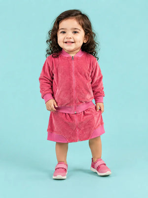 BloomUp Pink Velvet Zip-Up Jacket & Skirt-Style Shorts Co-ord Set for Kids – Premium Soft Winter Wear Outfit